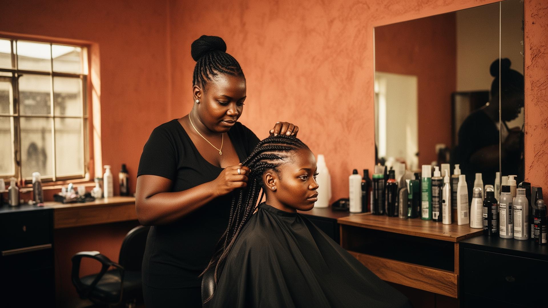 African salon professional braiding a client's hair